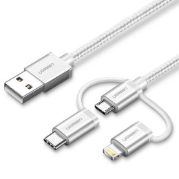 Kabel USB 3w1 UGREEN US186 Type-C / Micro USB / Lightning, 1m (srebrny)