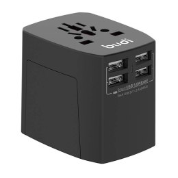 Uniwersalna ładowarka sieciowa / Adapter AC Budi 4x USB, 5A, EU/UK/AUS/US/JP (czarna)